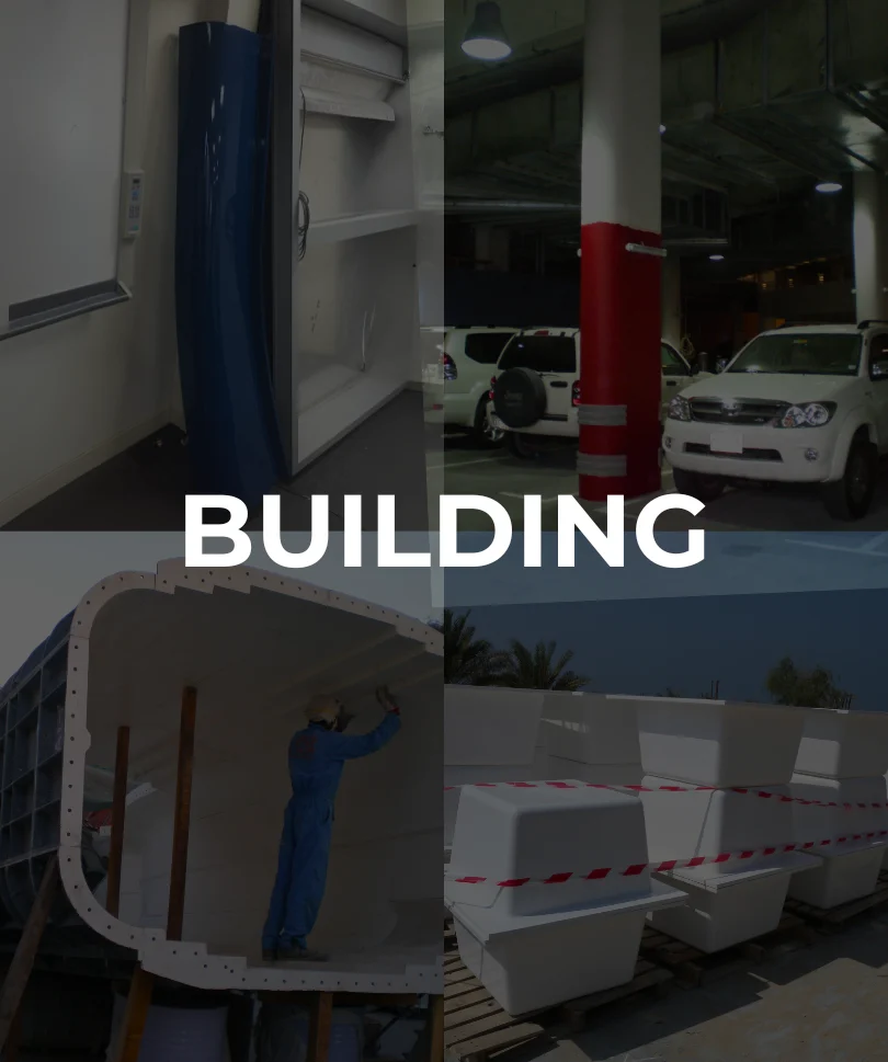 Fiberglass building components including panels, ducts, and structural elements for construction applications
