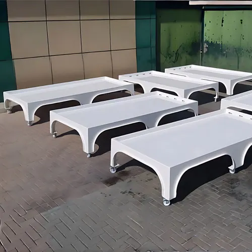 GRP fish auction tables in seafood processing area