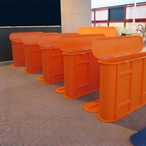 Outdoor fiberglass safety storage barriers with hinged top covers
