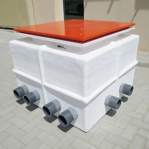 GRP fiberglass industrial tank with multiple outlet pipes and sealed top lid